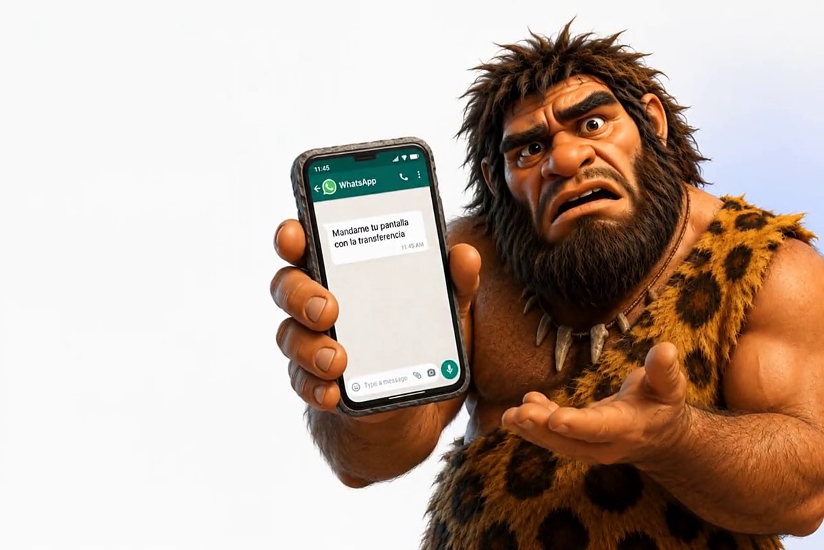 Un cavernícola confundido muestra un WhatsApp que dice: mándame tu pantalla con la transferencia.